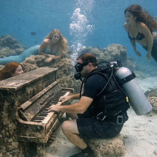 Seorang penyelam memainkan piano bawah air