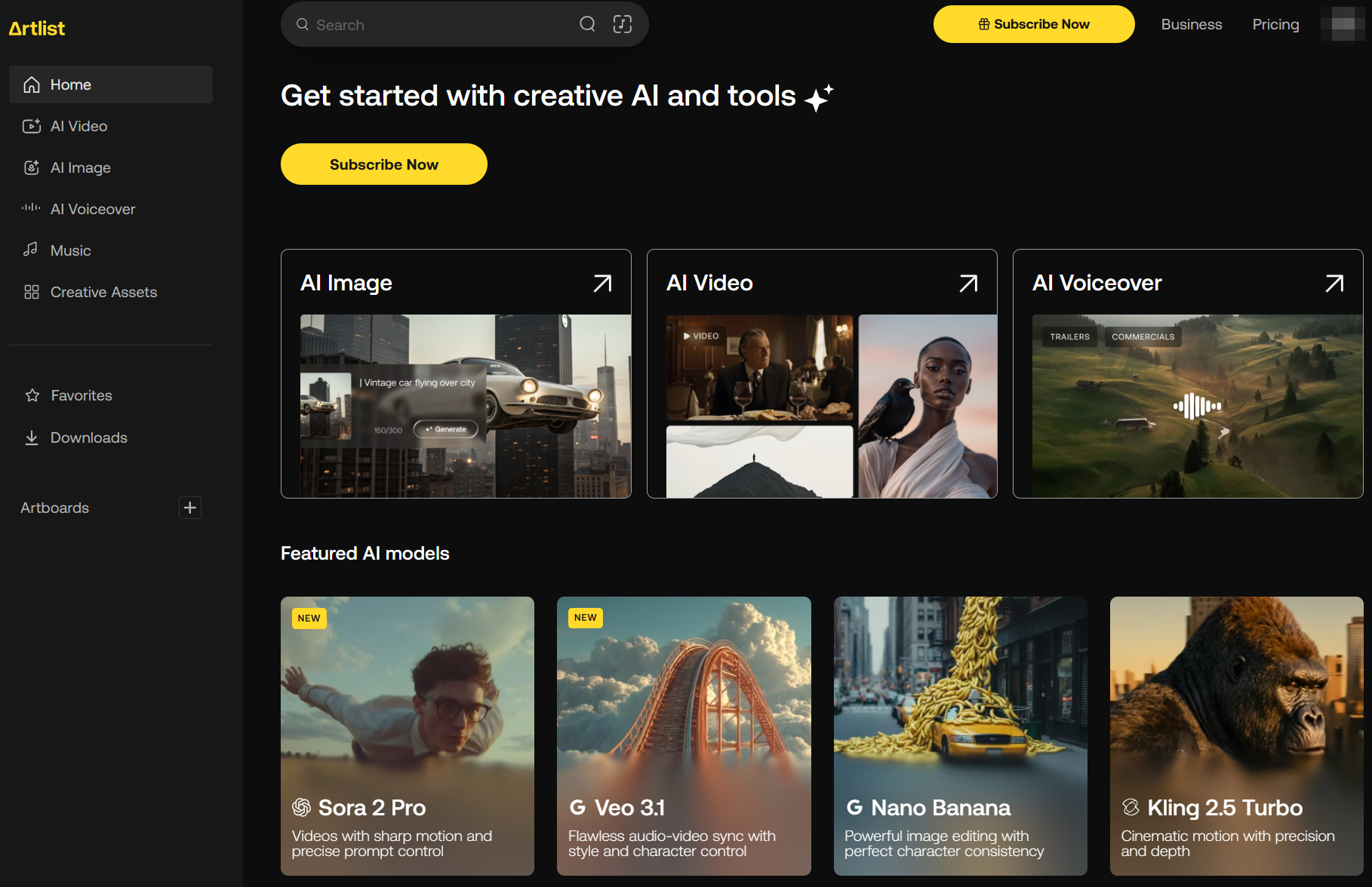 Artlist ユーザーインターフェース