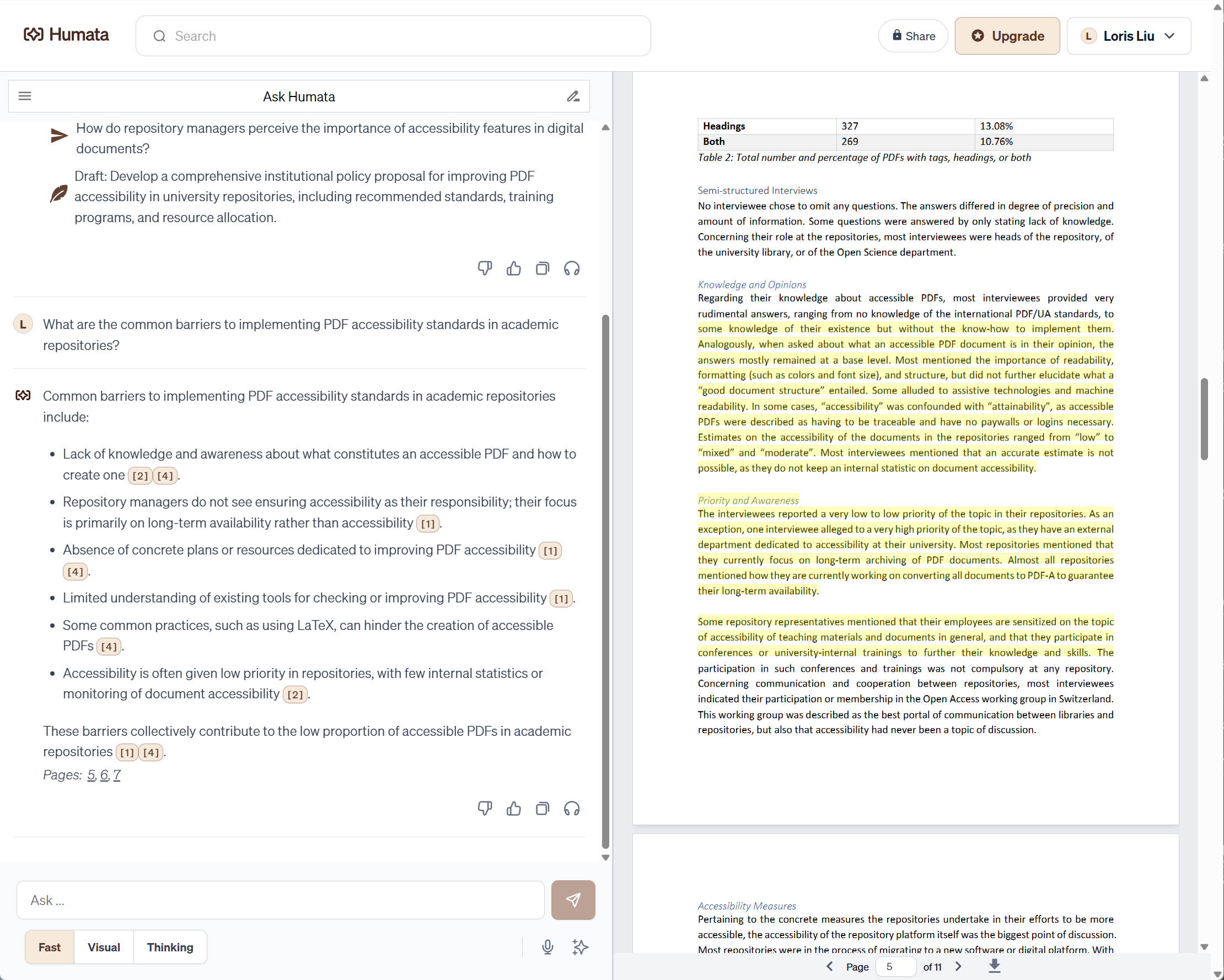 Humata AIでPDFの根拠となる原文をハイライト表示させながら要約を確認する様子