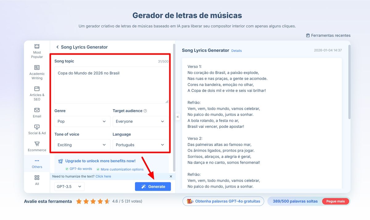 HIX AI Gerador de letra de música